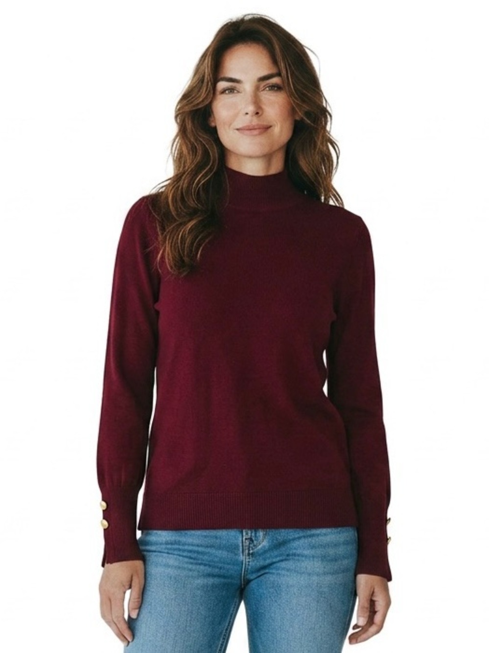 Primark Burgundy Mock Neck Sweater Gold Button Cuffs Women's Small